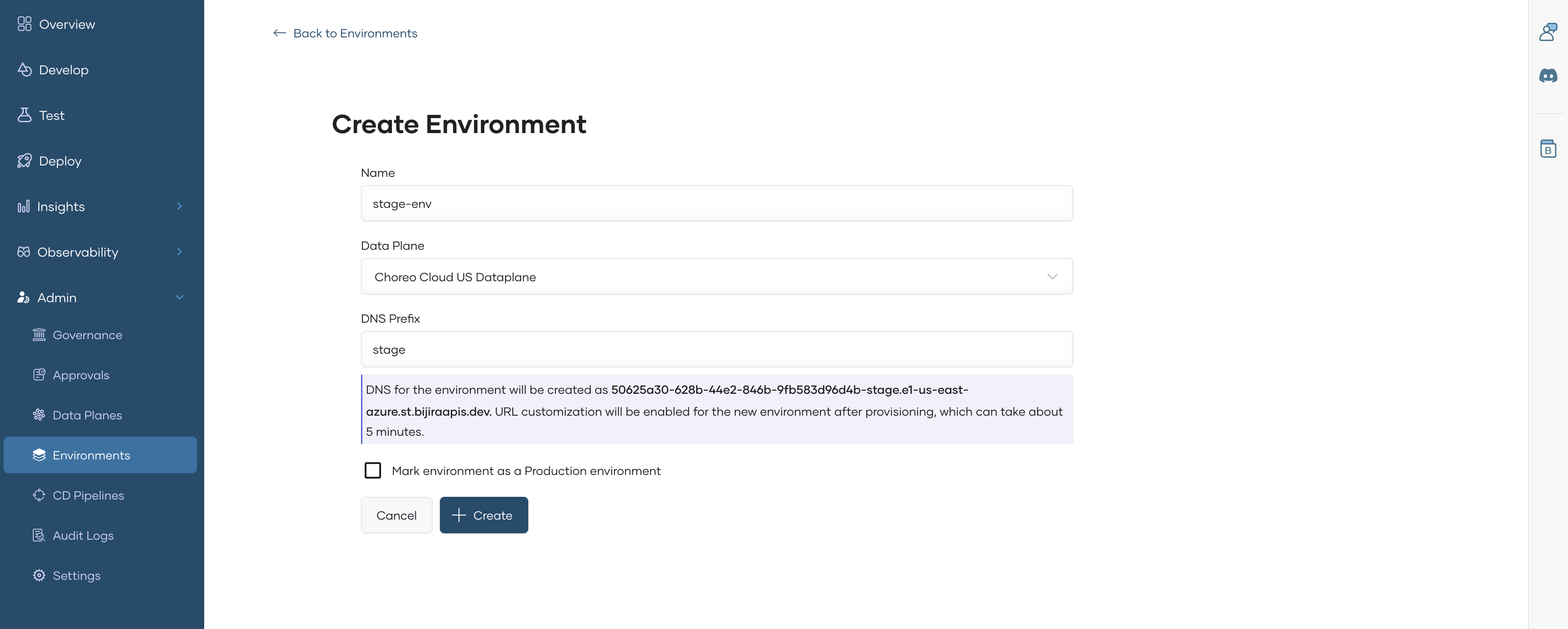 Create Environment form with Name, Data Plane, DNS Prefix fields, generated DNS URL preview, and Mark as Production checkbox