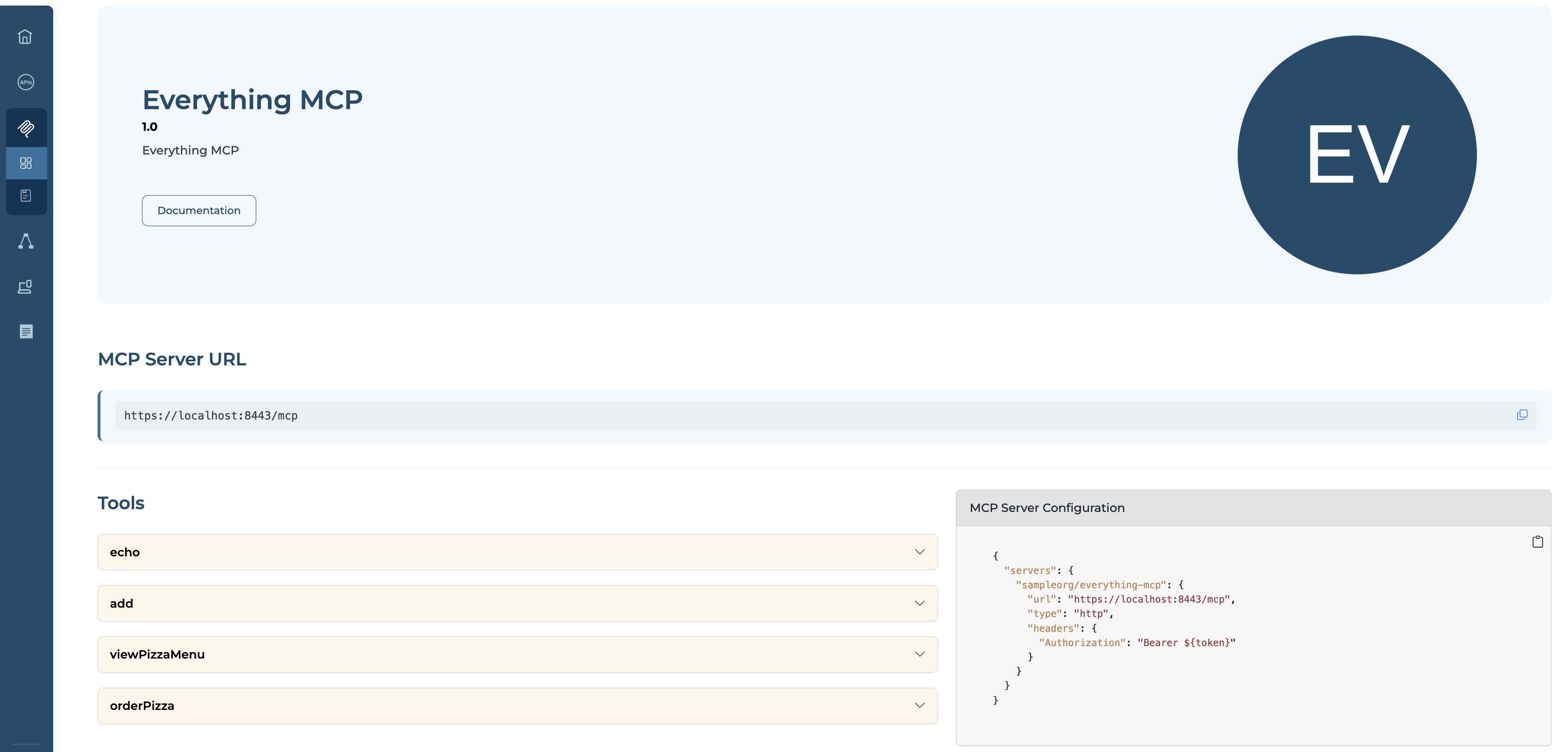 Everything MCP Server detail page showing MCP Server URL, expandable tools list with echo, add, viewPizzaMenu, and orderPizza, and MCP Server Configuration JSON snippet