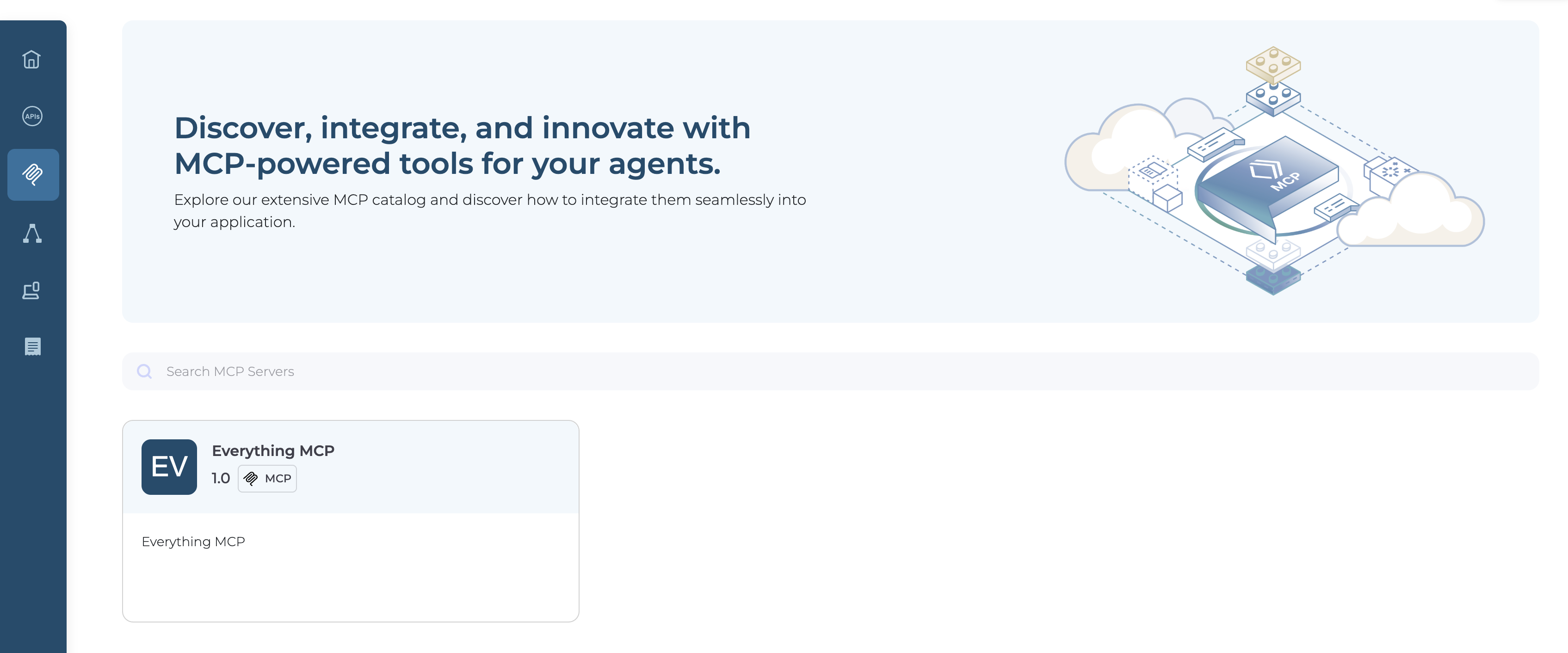 MCP Hub Developer Portal page with a banner promoting MCP-powered tools and an Everything MCP server card showing version 1.0 and MCP tag