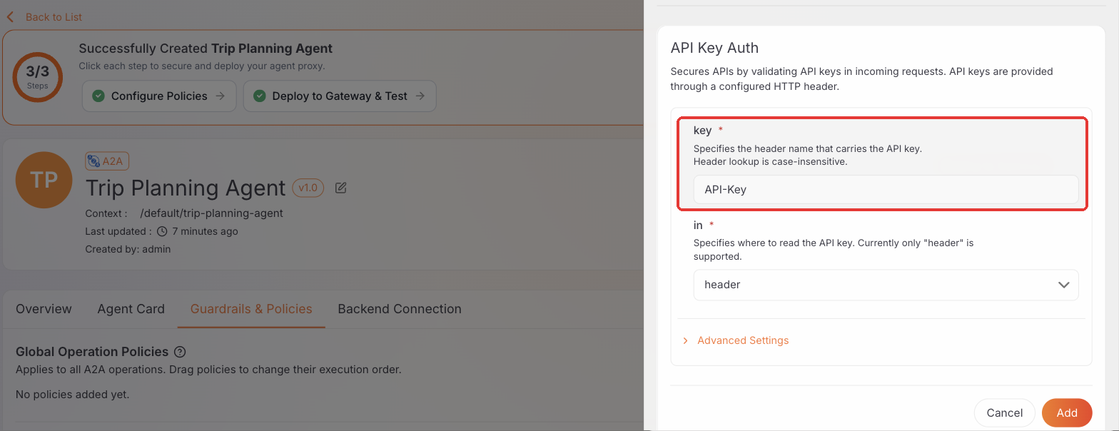 API Key Auth policy settings with the key field highlighted, set to the API-Key header