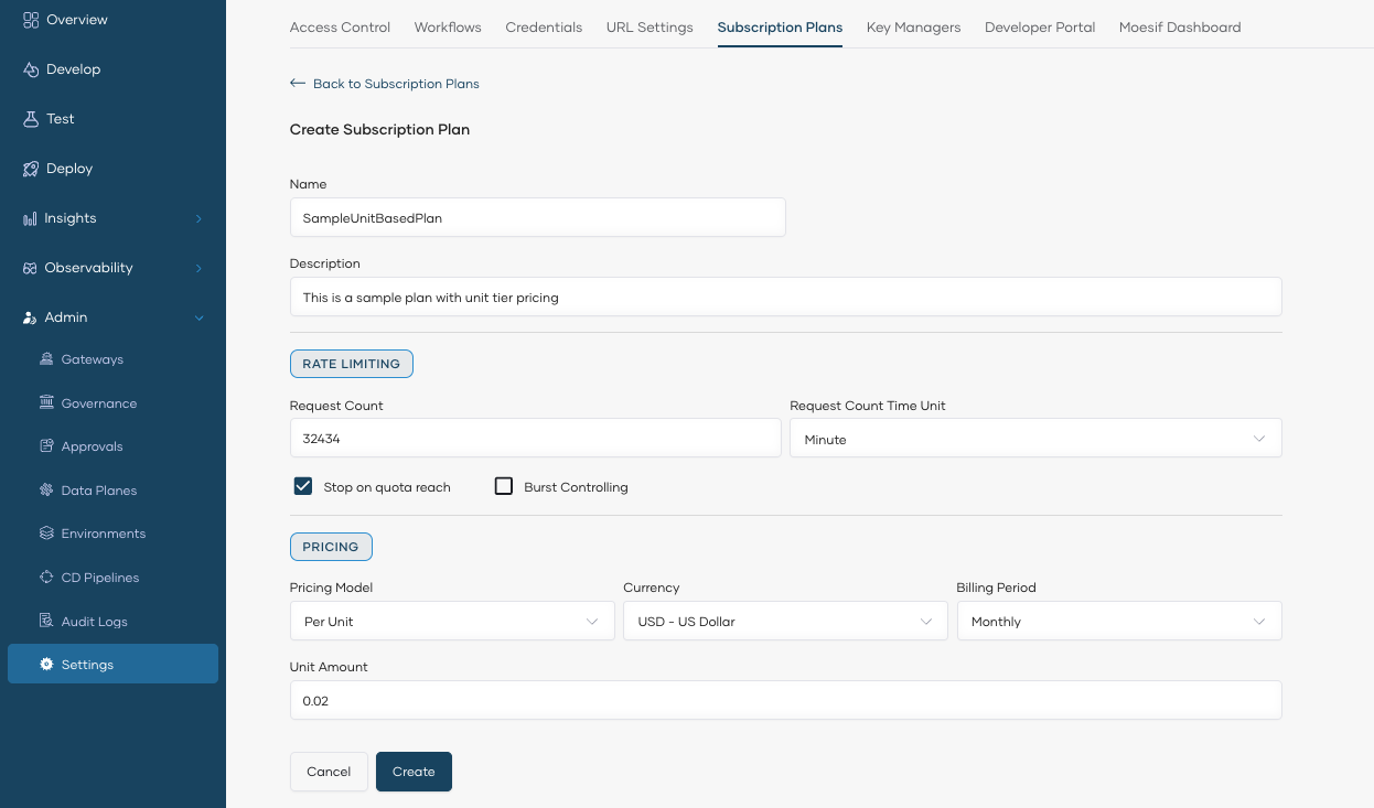 Create Subscription Plan form showing Name, Description, Rate Limiting section with request count and time unit, and Pricing section with Per Unit model and USD monthly billing