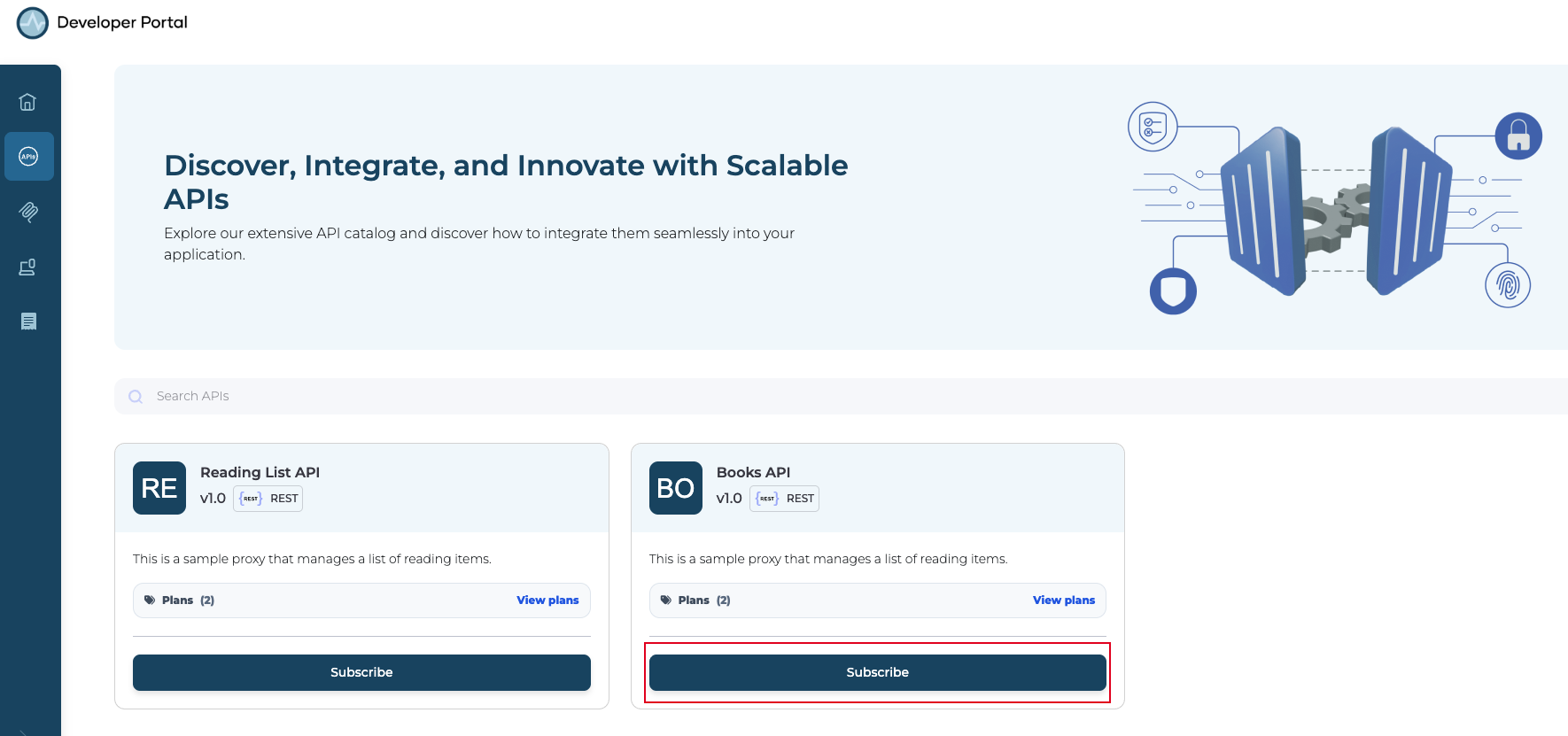 Developer Portal APIs page showing Reading List API and Books API cards each with a Subscribe button and Plans count