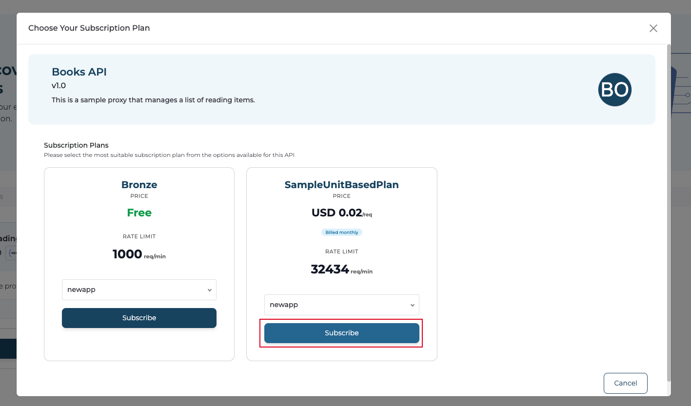 Choose Your Subscription Plan dialog for Books API showing Bronze free plan and SampleUnitBasedPlan at USD 0.02 per request with application dropdown and Subscribe buttons