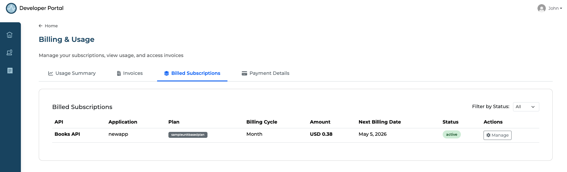 Billing and Usage Billed Subscriptions tab showing Books API with sampleunitbasedplan, monthly billing, USD 0.38, next billing May 5 2026, active status, and Manage button