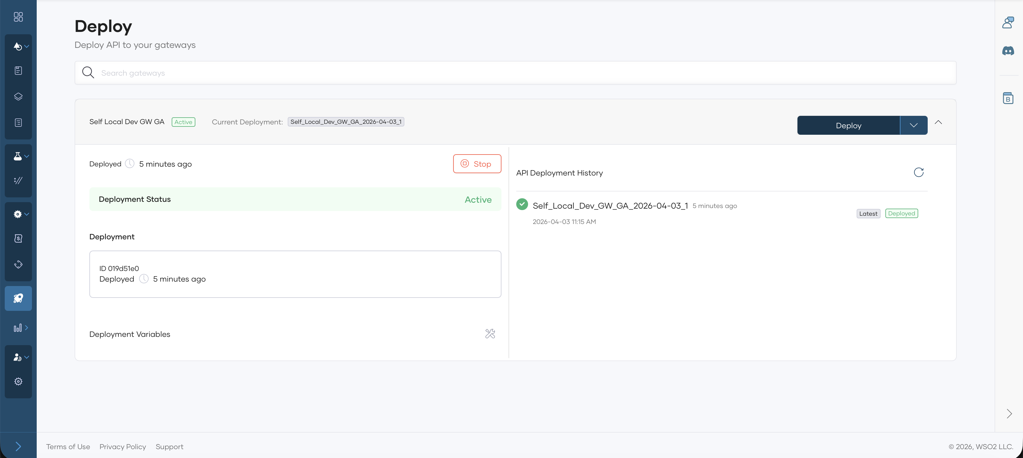 Deploy page showing Self Local Dev GW GA gateway with Active deployment status and Deploy button