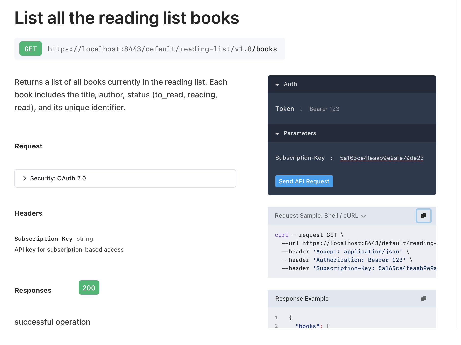 API documentation page for GET /books endpoint showing Subscription-Key header field and cURL sample request with Subscription-Key