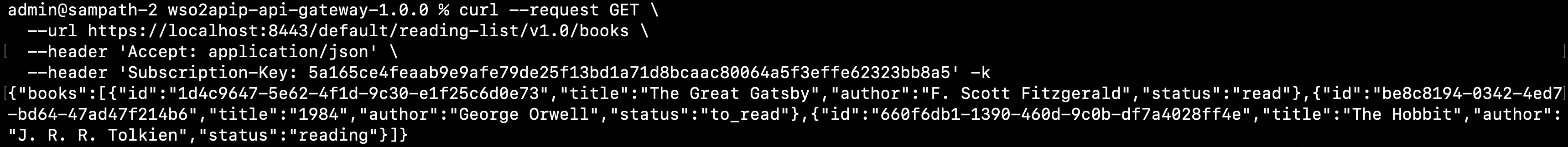 Terminal output of curl command returning JSON array of book objects from the reading list API