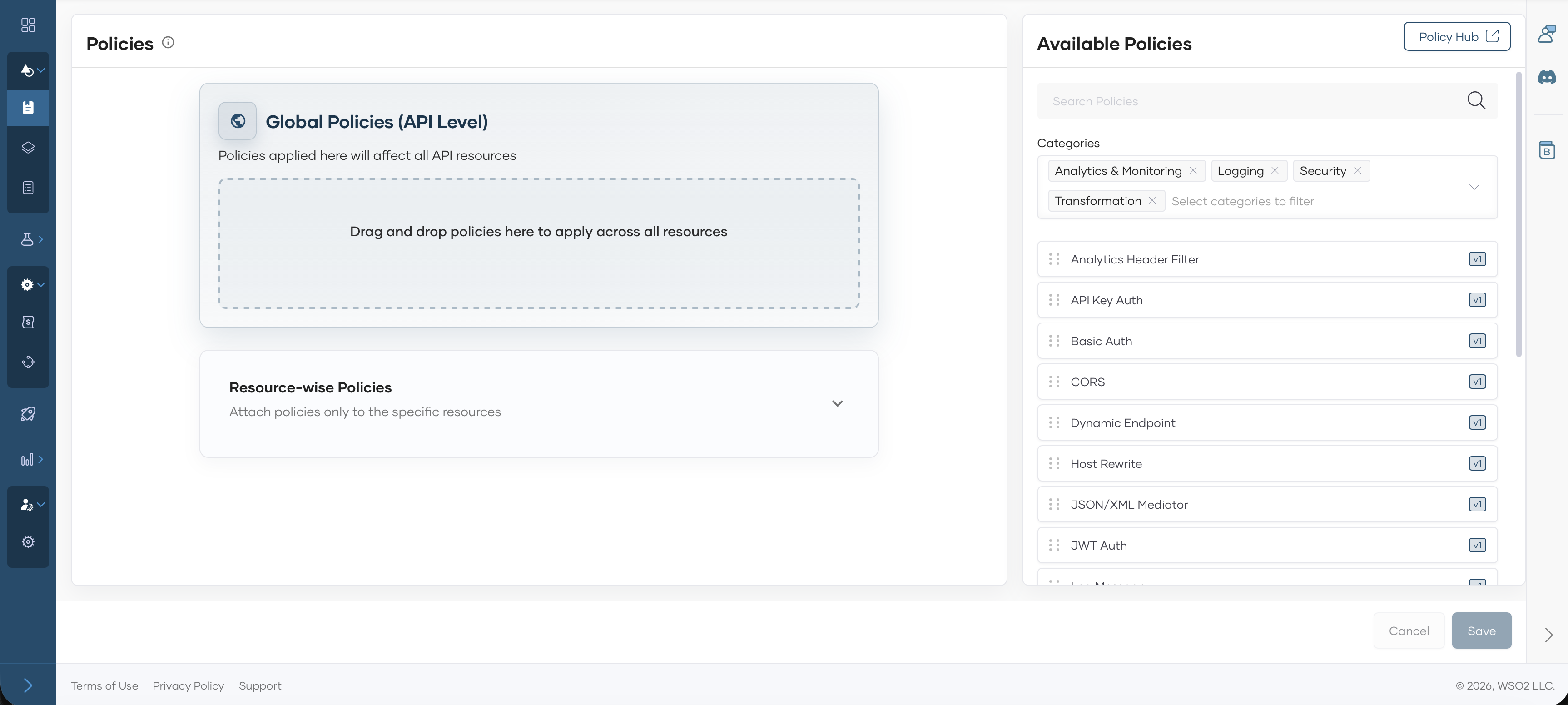Policies page showing Global Policies API Level section with available policy list including API Key Auth, Basic Auth, CORS, and JWT Auth