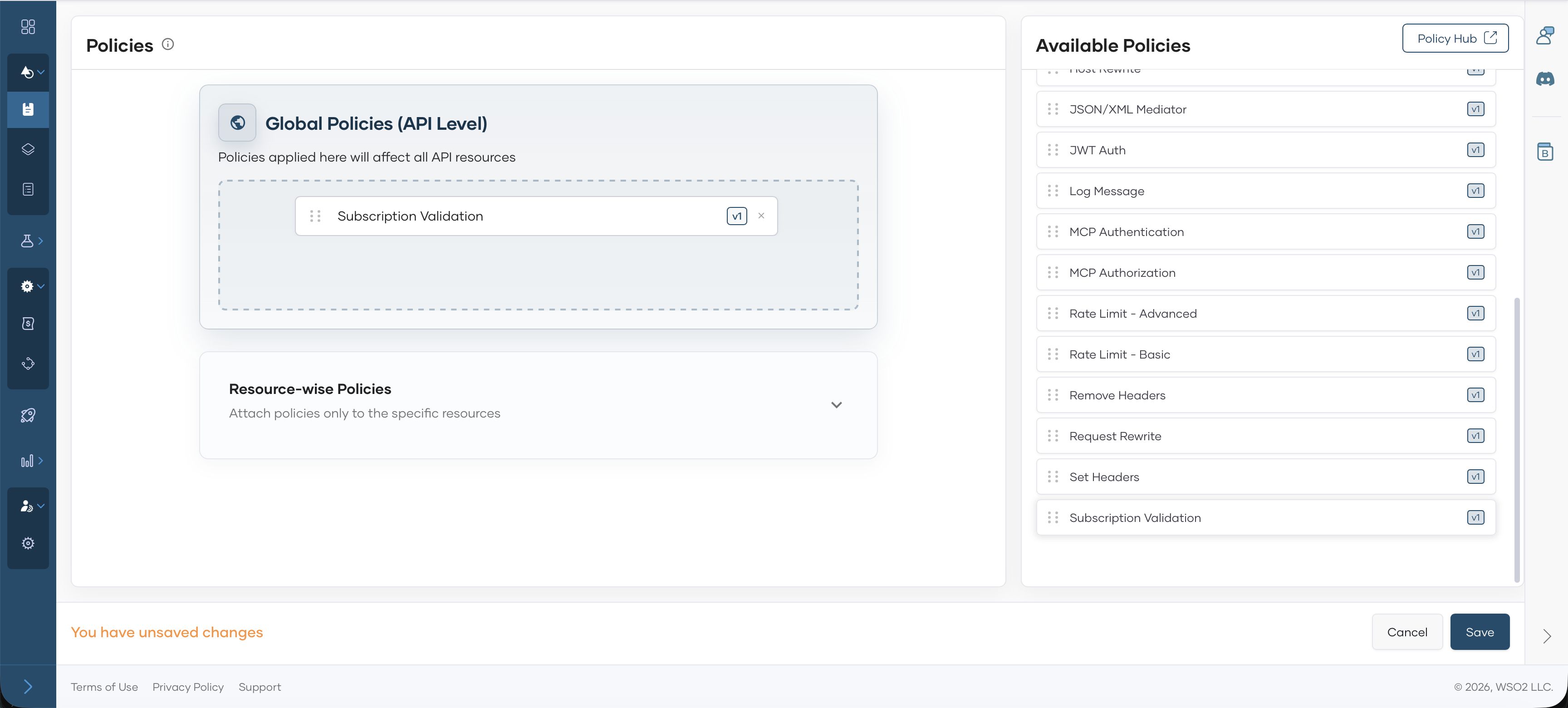 Policies page showing Subscription Validation added to Global Policies API Level section with unsaved changes warning and Save button