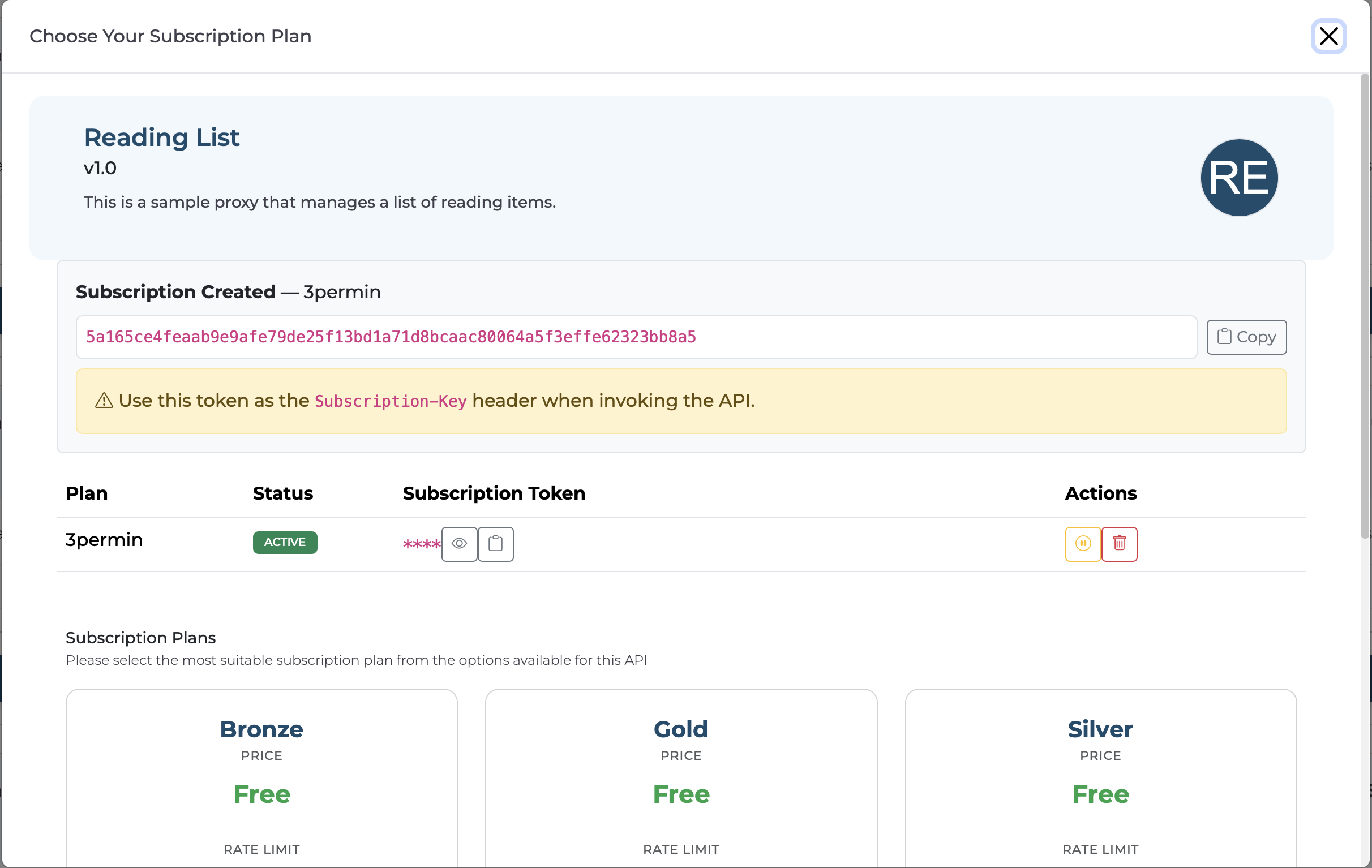 Subscription Created dialog showing generated subscription token value and Subscription-Key usage instruction