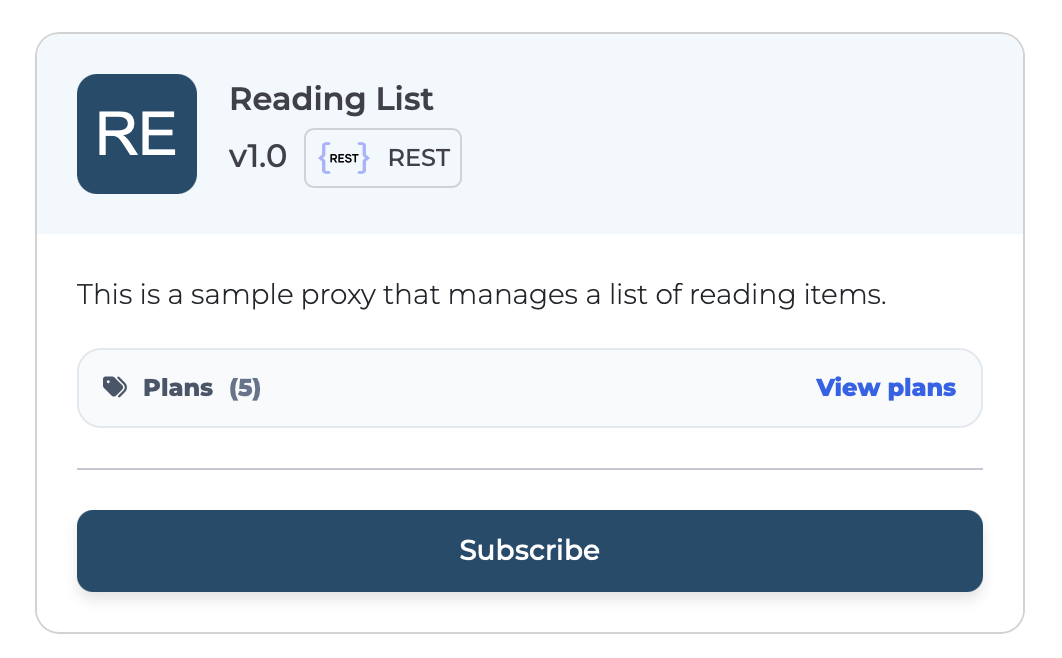 Developer Portal API card for Reading List v1.0 REST API showing Plans count and Subscribe button