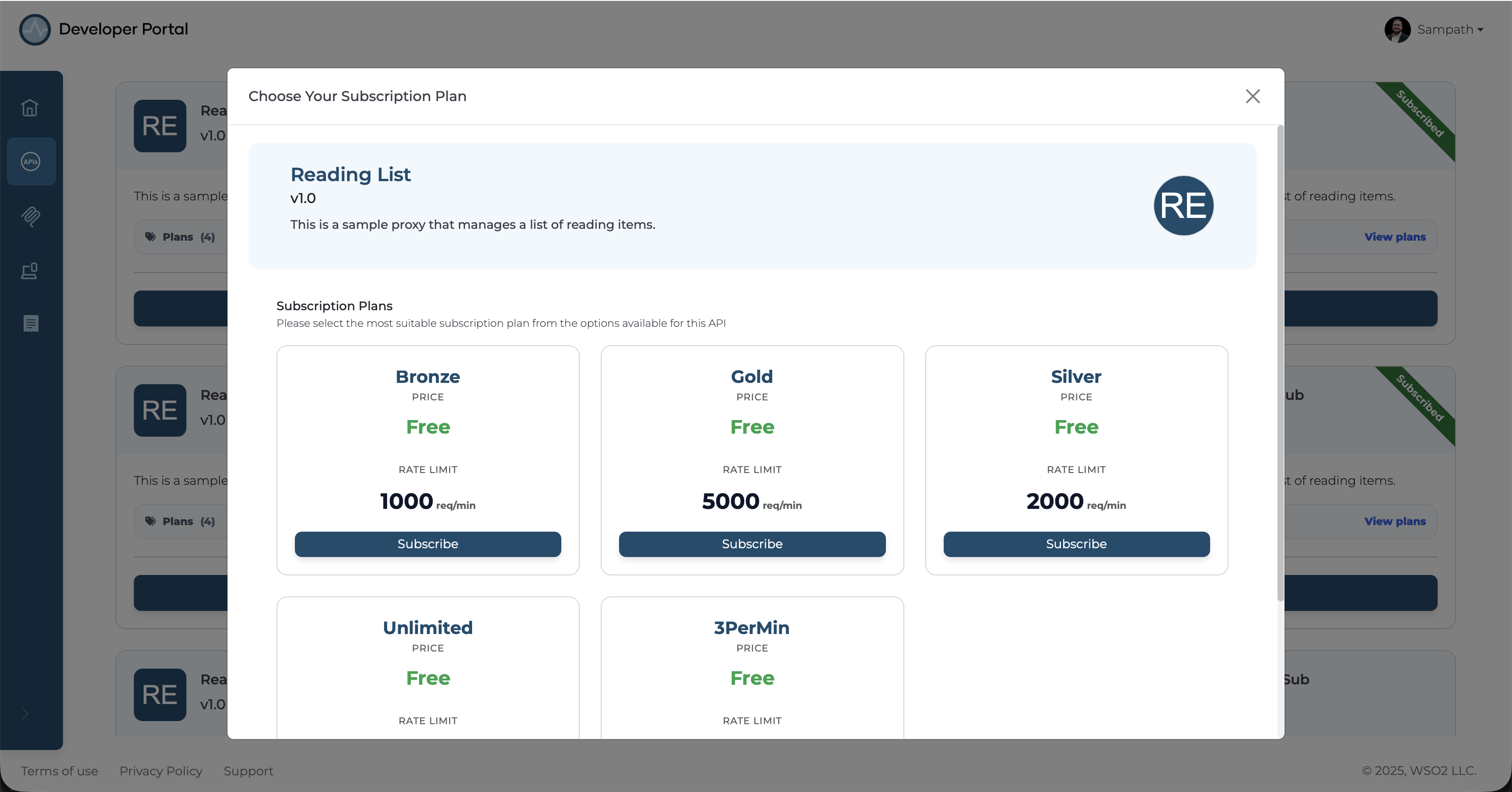 Choose Your Subscription Plan dialog showing Bronze, Gold, Silver, Unlimited, and 3PerMin plans with pricing and rate limits