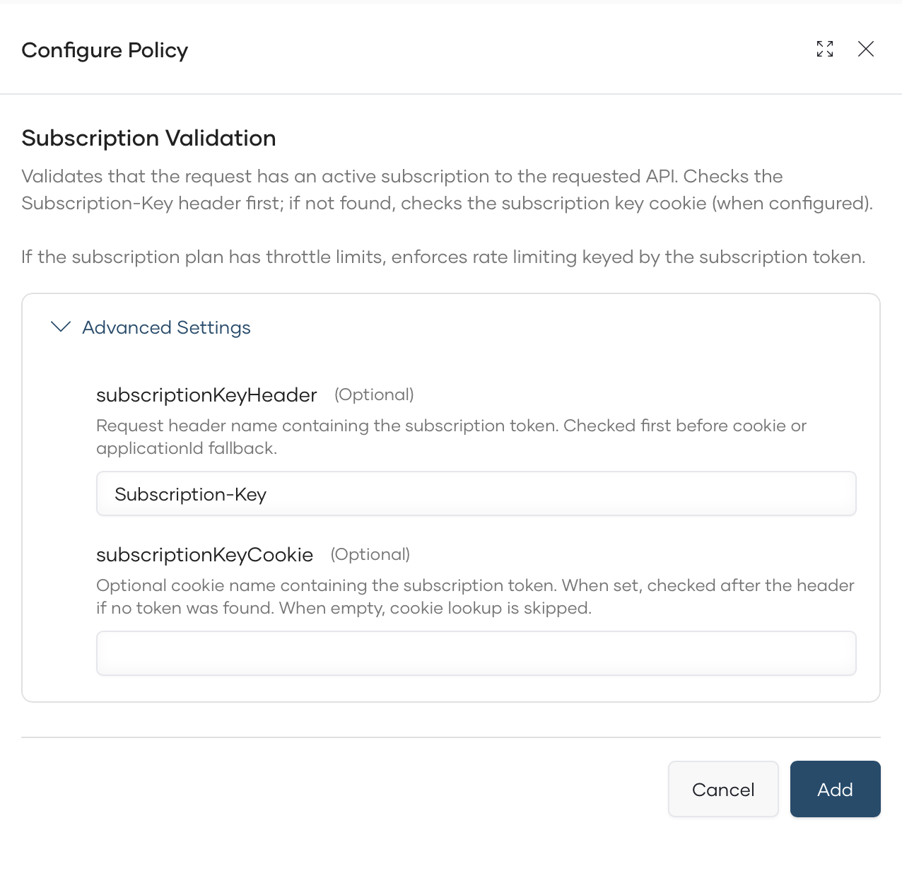 Subscription Validation Configure Policy dialog with Advanced Settings expanded showing subscriptionKeyHeader and subscriptionKeyCookie input fields