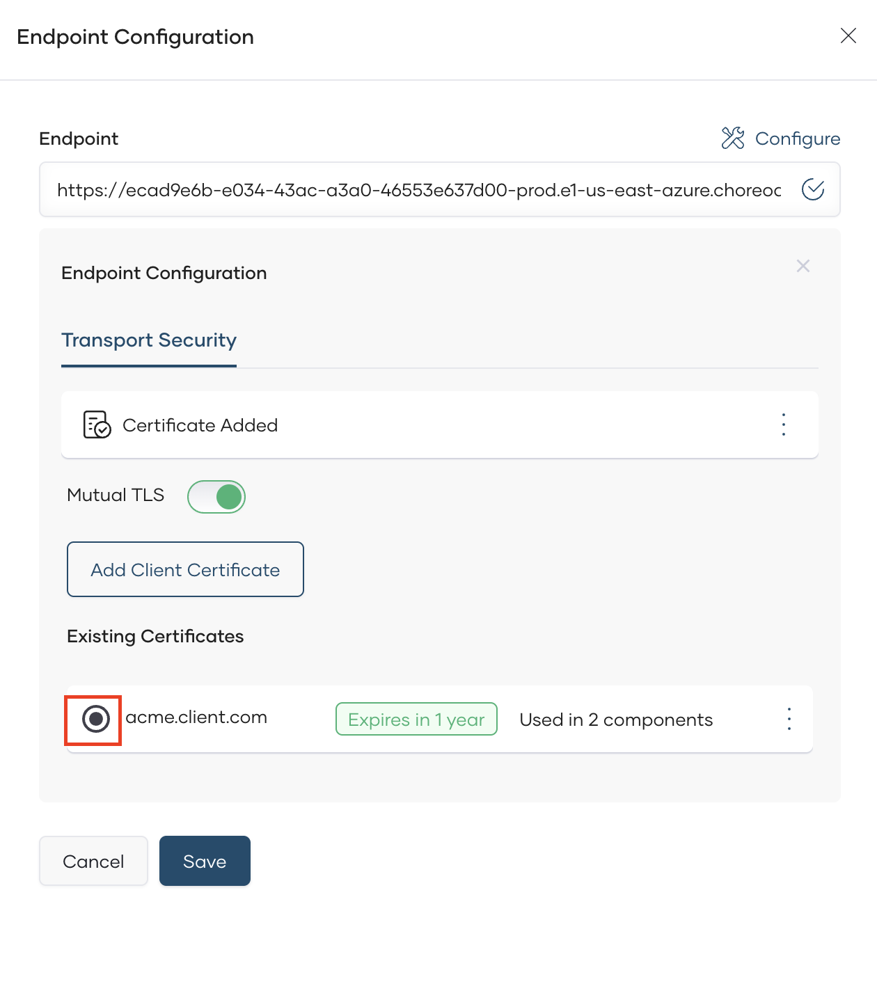 Endpoint Configuration panel showing Existing Certificates with a certificate selected and Mutual TLS toggle enabled