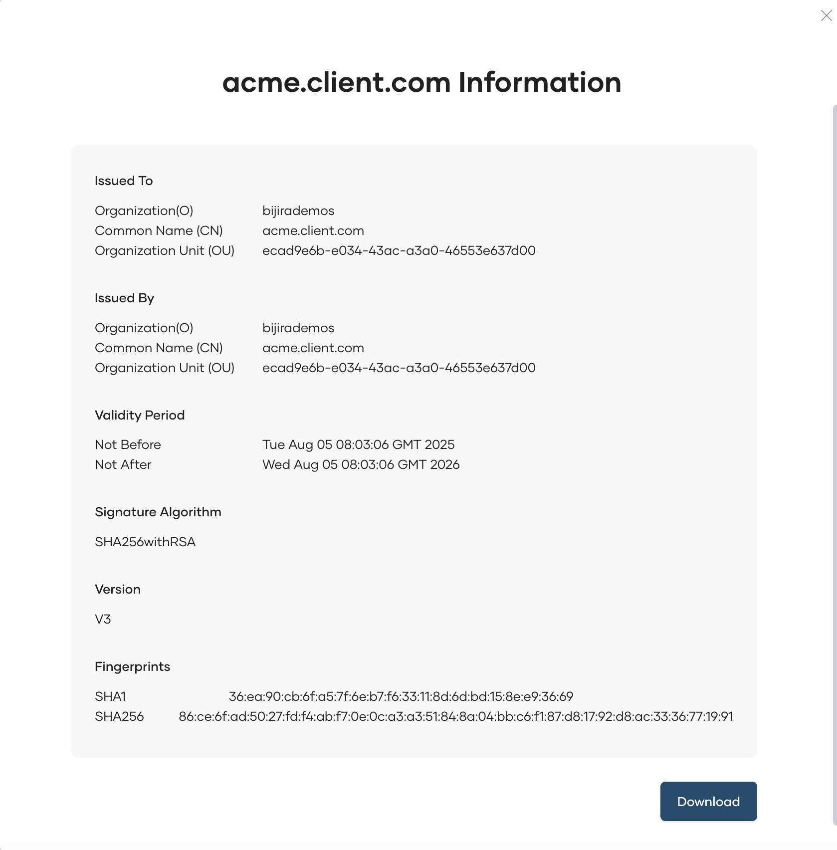 Certificate details panel showing issuer, validity period, fingerprints, and Download button