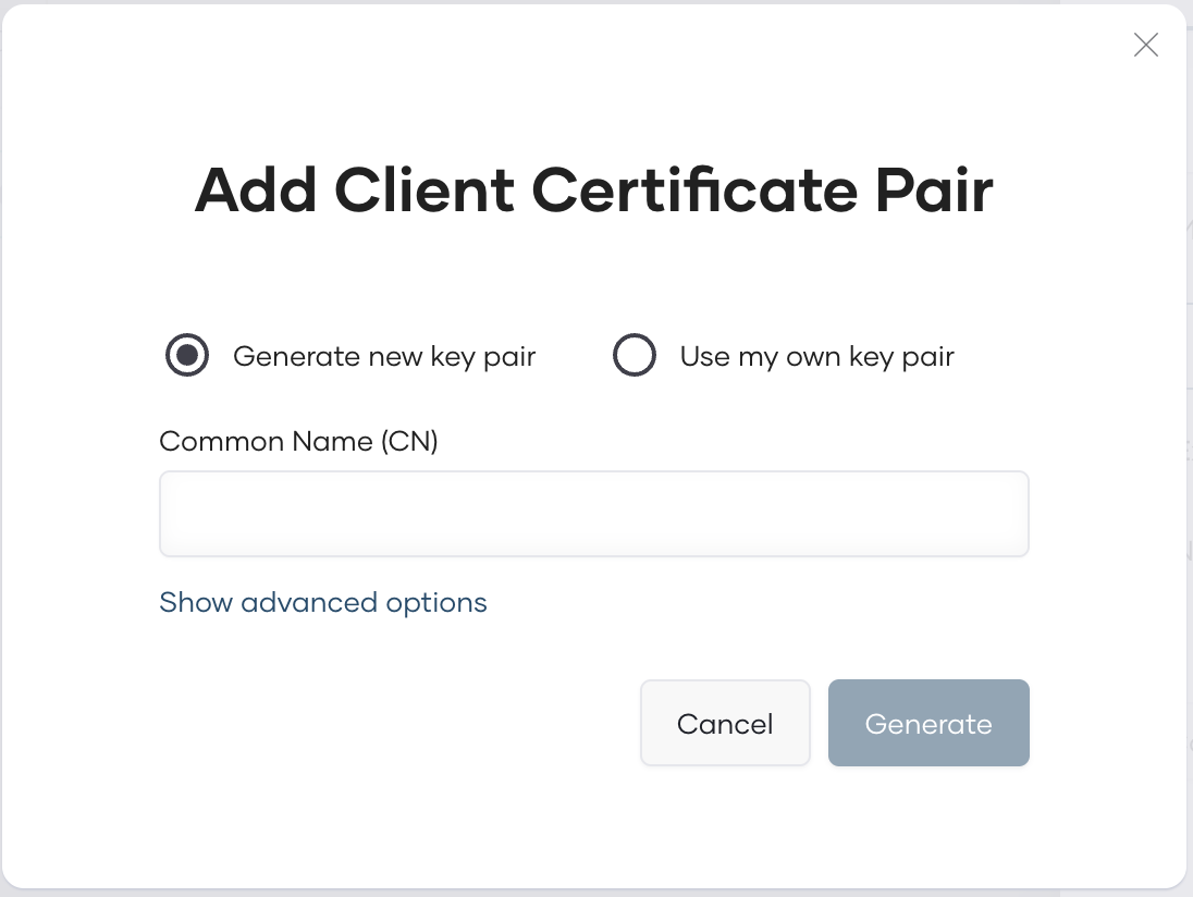 Add Client Certificate Pair dialog with Generate new key pair selected and Common Name field