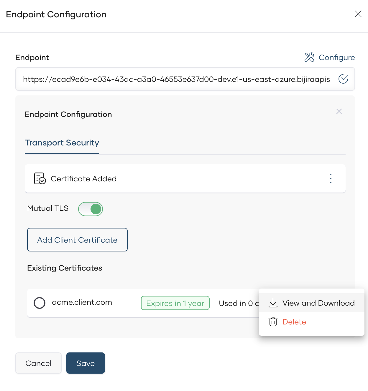 Endpoint Configuration panel showing Existing Certificates list with View and Download option in context menu
