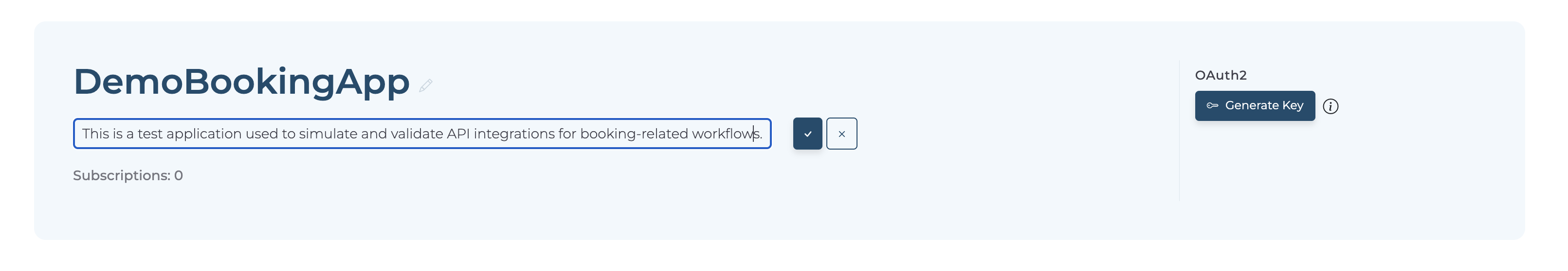 DemoBookingApp description text input field with save checkmark and cancel buttons visible