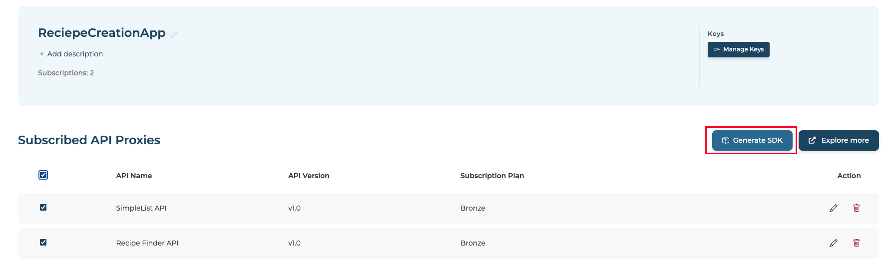 Subscribed API Proxies table with two APIs checked and Generate SDK button highlighted