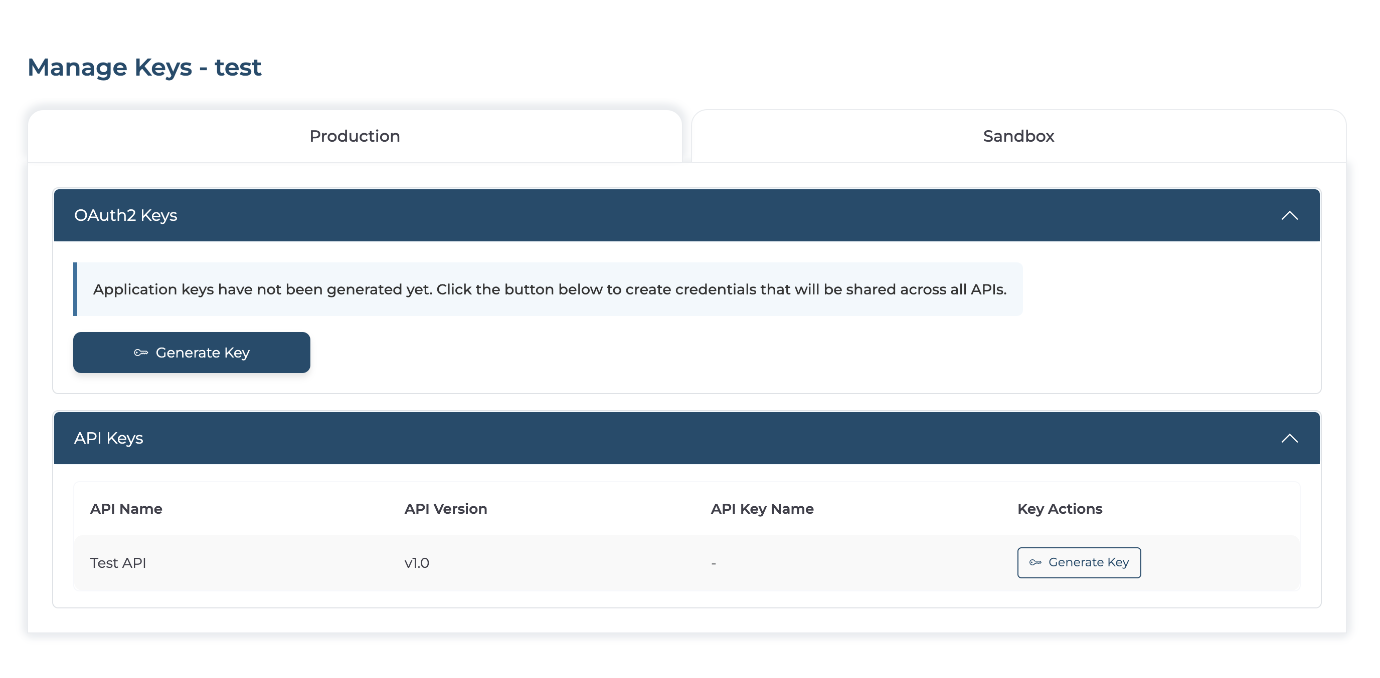 Manage Keys page showing OAuth2 Keys and API Keys sections with Generate Key buttons