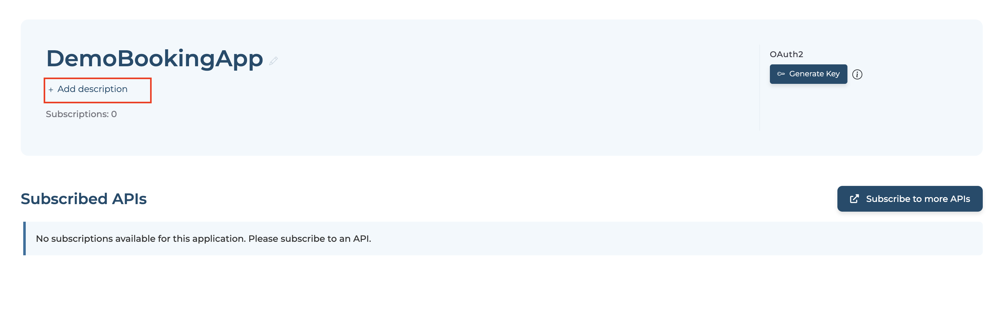 DemoBookingApp detail page with Add description link, Subscriptions count, and Generate Key button