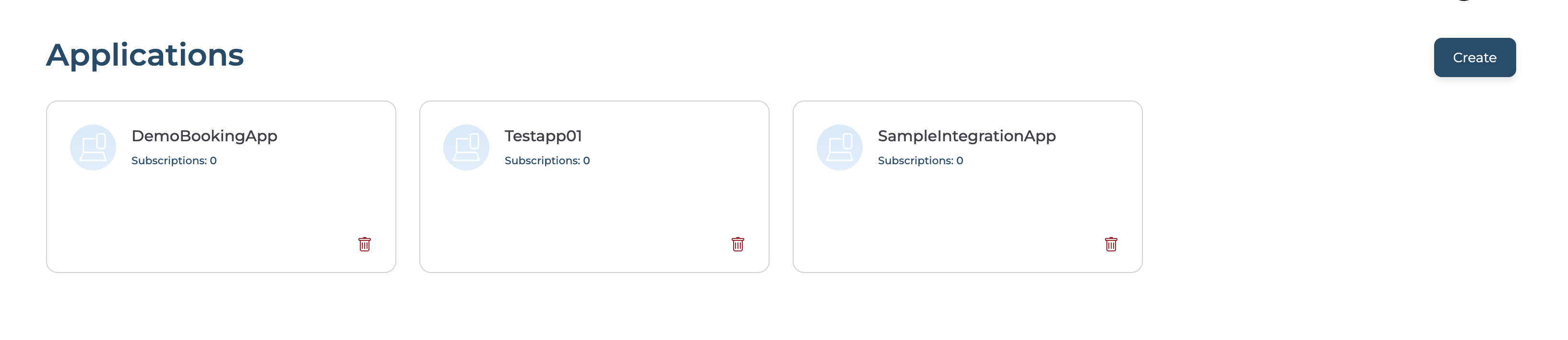 Applications list showing DemoBookingApp, Testapp01, and SampleIntegrationApp cards with subscription counts
