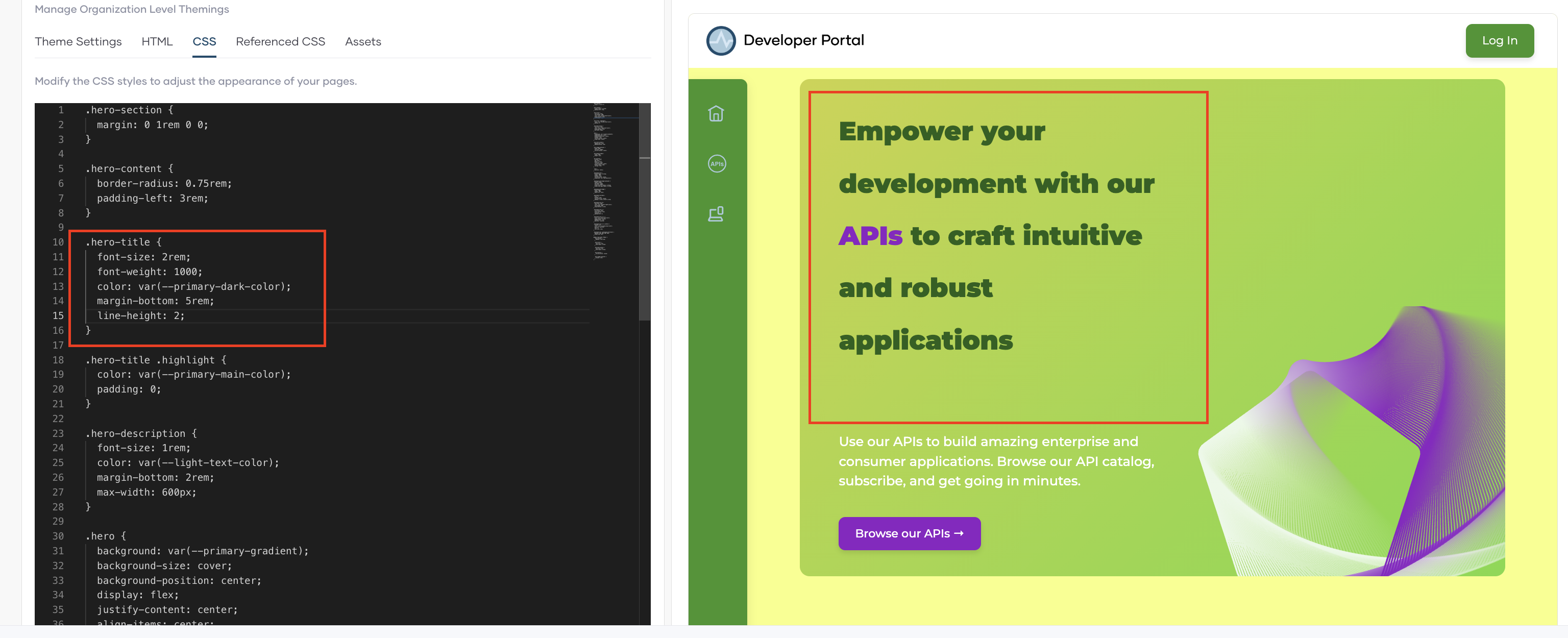 CSS editor with hero-title rule highlighted and preview showing large bold Empower your development heading