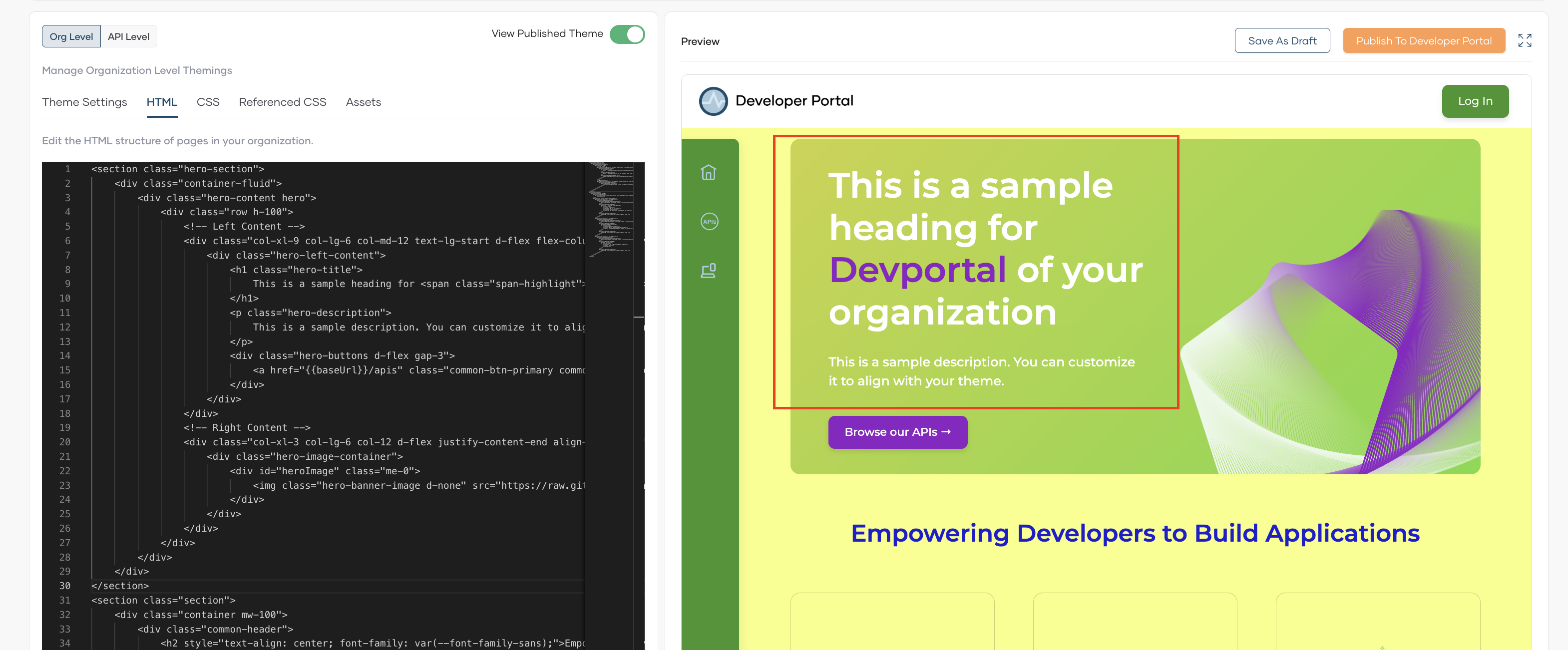 HTML editor with hero section code and preview showing sample heading and Browse our APIs button