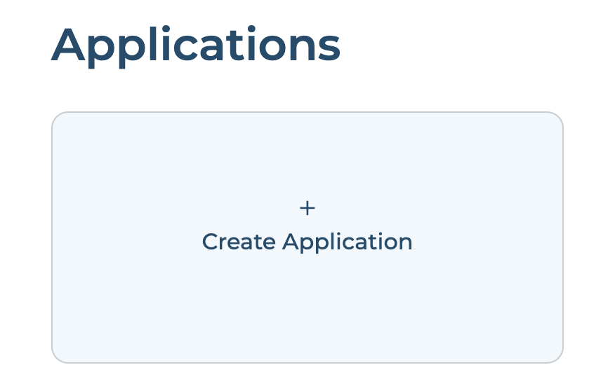 Applications page showing an empty Create Application card with a plus icon