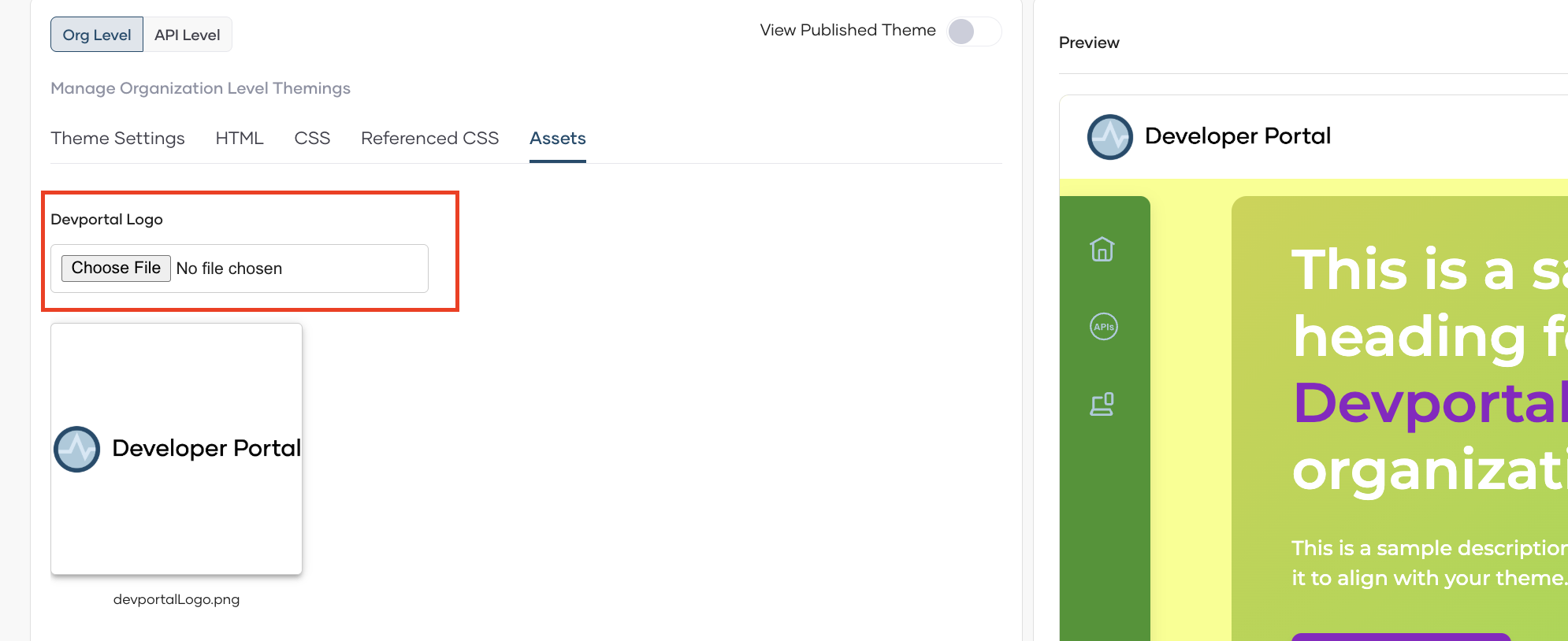 Assets tab showing Devportal Logo section with Choose File button and current logo thumbnail in preview