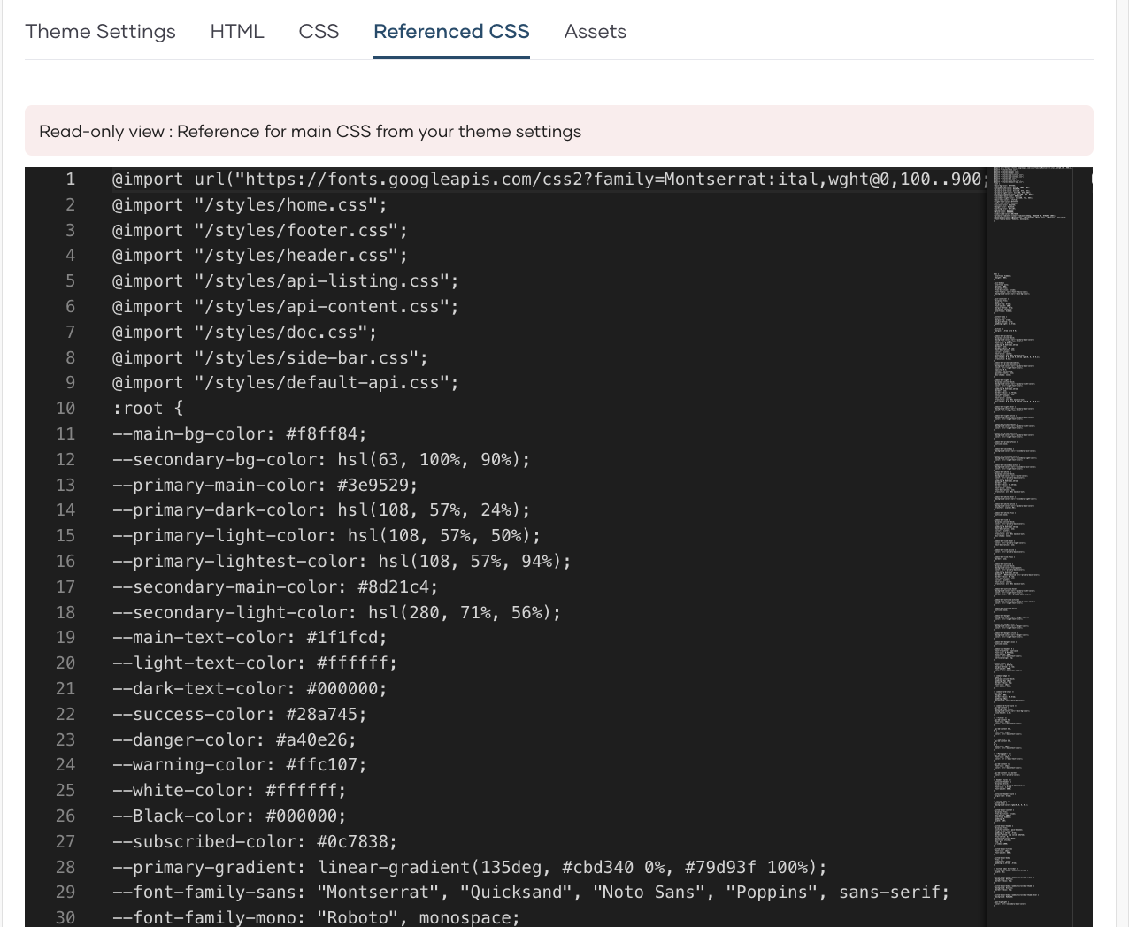 Referenced CSS tab showing read-only stylesheet with imported CSS files and CSS variable declarations