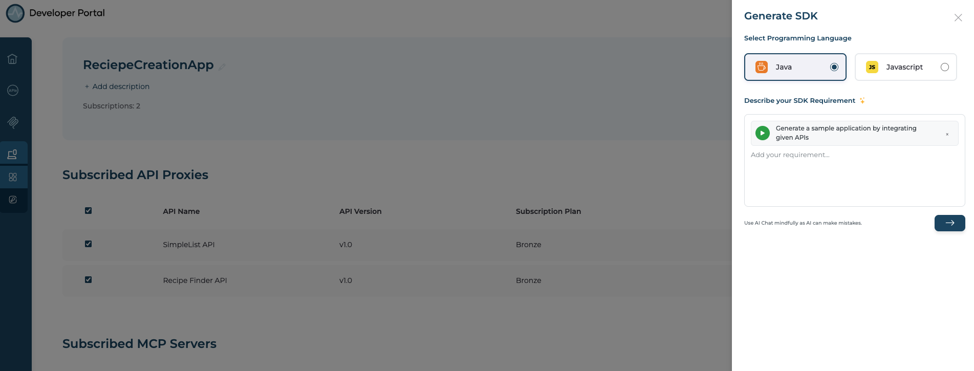 Generate SDK side panel with Java and Javascript language options and SDK Requirement text field