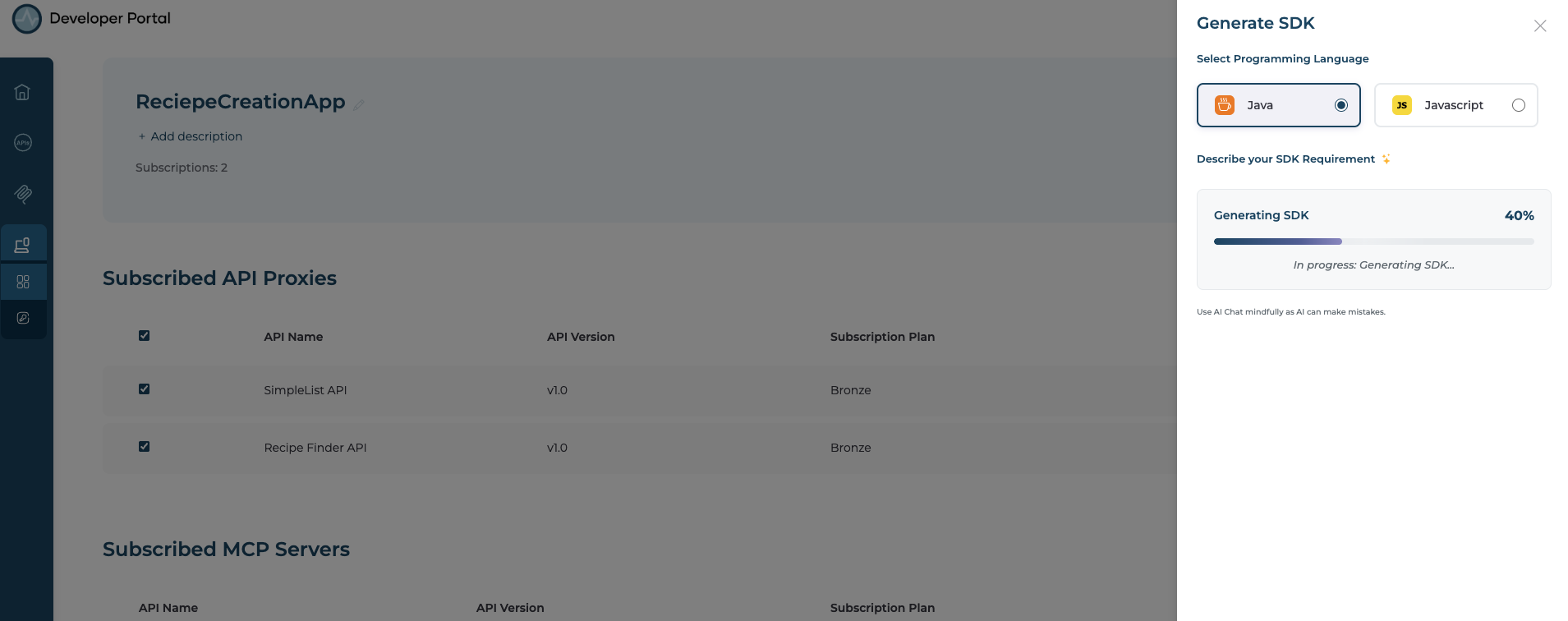 Generate SDK panel showing Generating SDK progress bar at 40 percent with in-progress status message