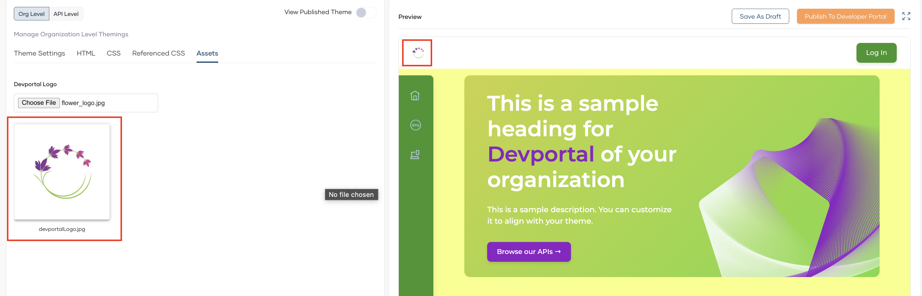 Assets tab showing uploaded flower logo thumbnail and portal preview with new logo in the header