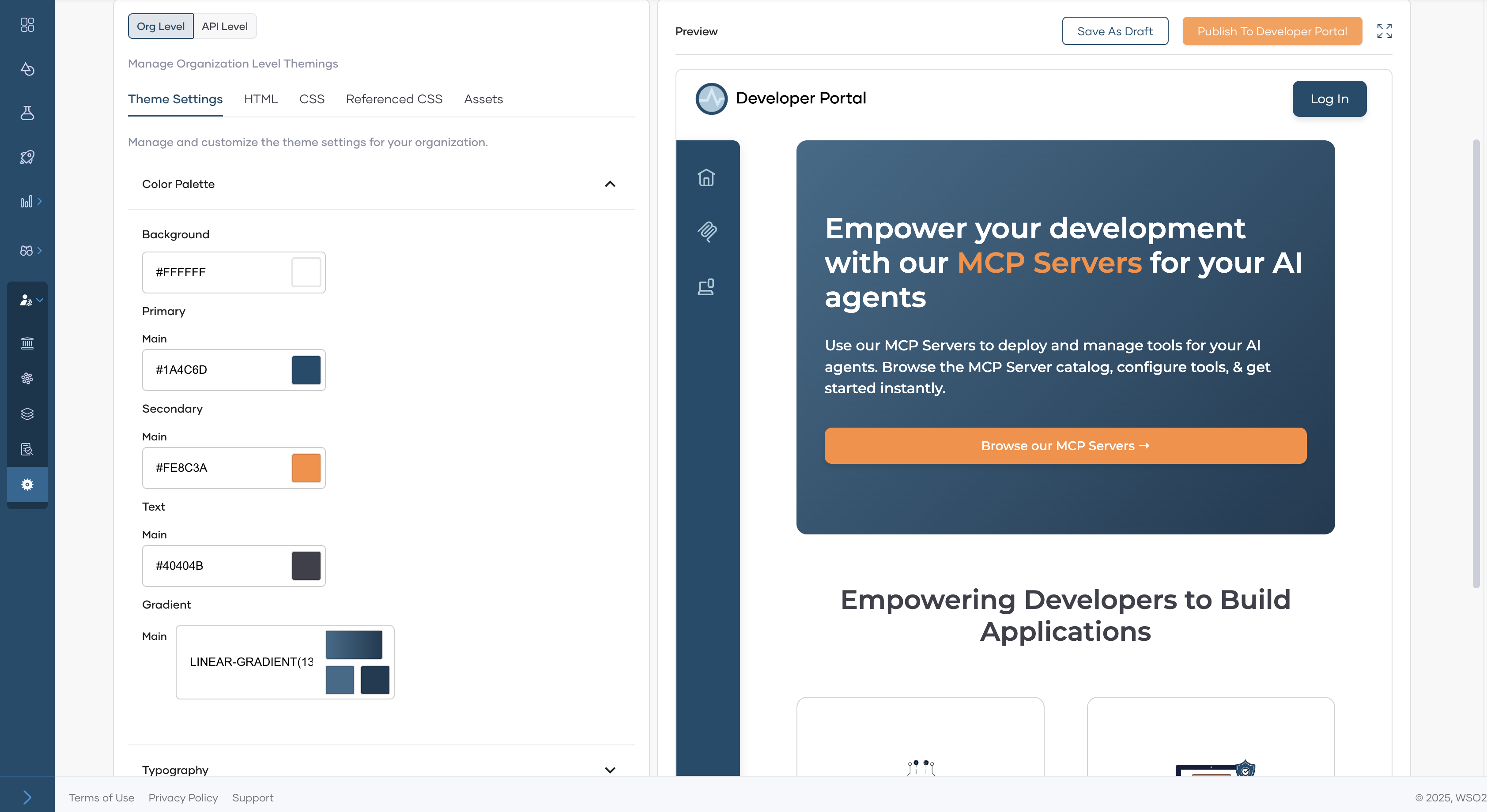 MCP Hub theming editor showing color palette fields for background, primary, secondary, text, and gradient colors alongside a preview of the MCP-focused Developer Portal landing page