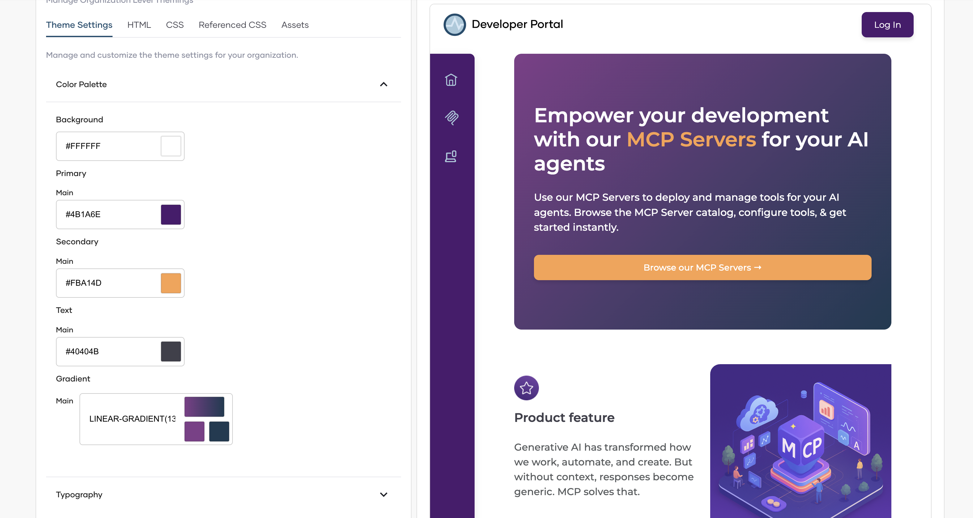 Themed MCP Hub theming editor showing purple primary color and preview of Developer Portal with purple hero banner saying Empower your development with our MCP Servers for your AI agents and a Product feature section