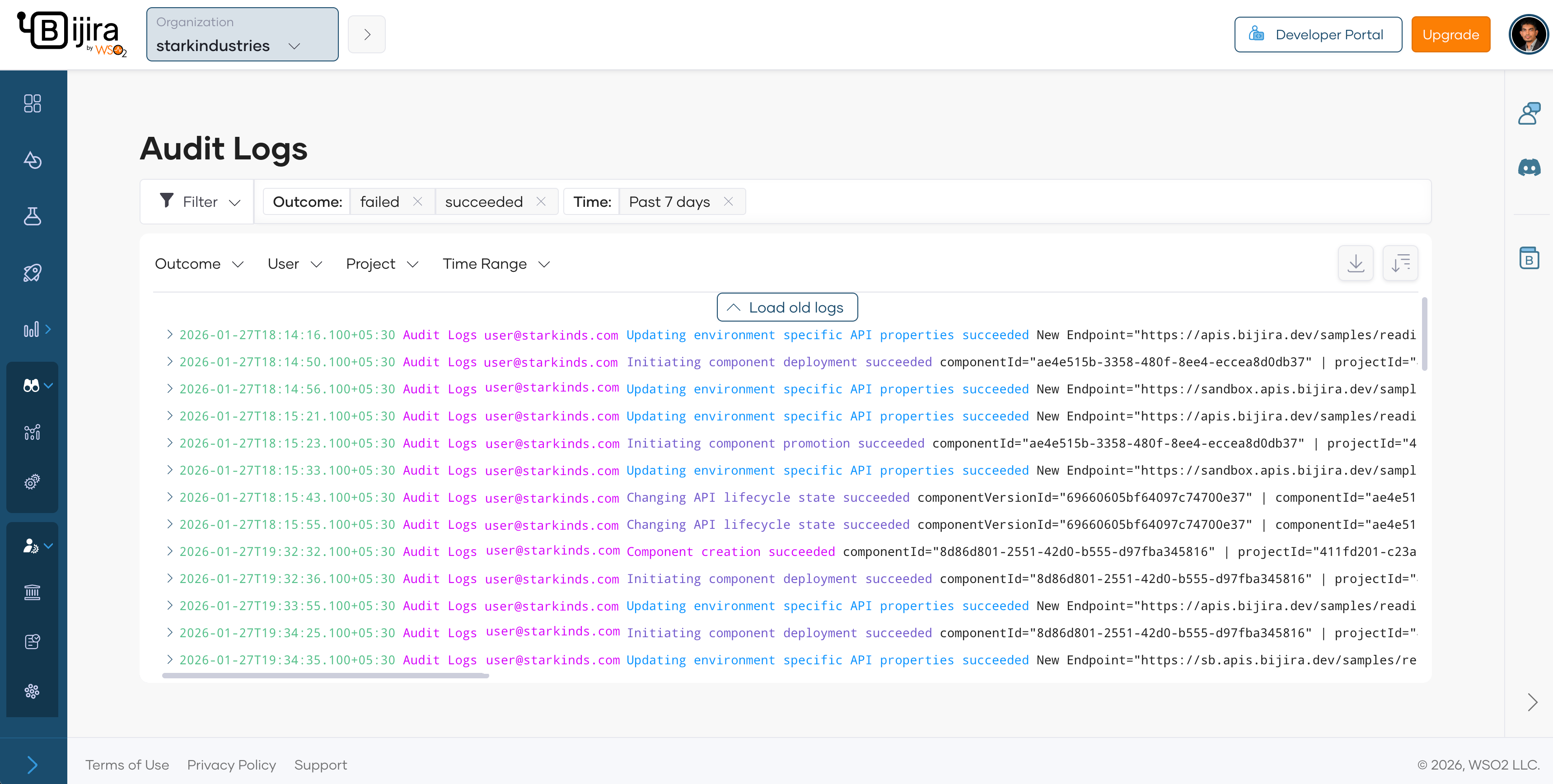 Audit logs page listing organization-level operations with timestamps and outcomes