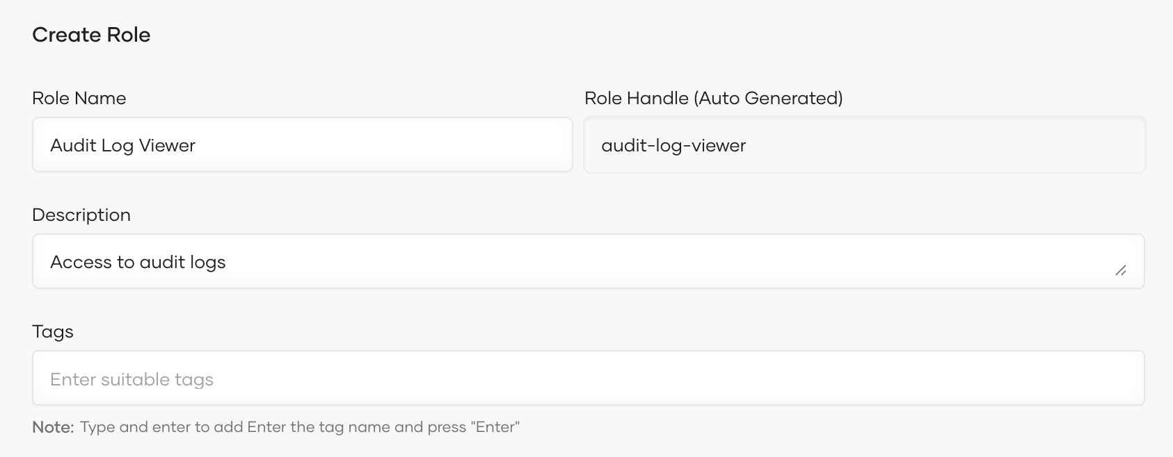 Create Role dialog with name and description fields for the audit log access role