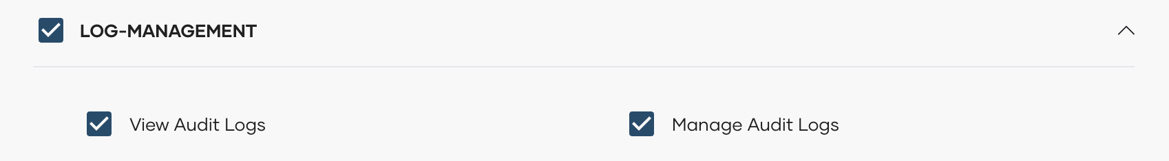 Create Role dialog showing LOG-MANAGEMENT permission selected under Permissions list