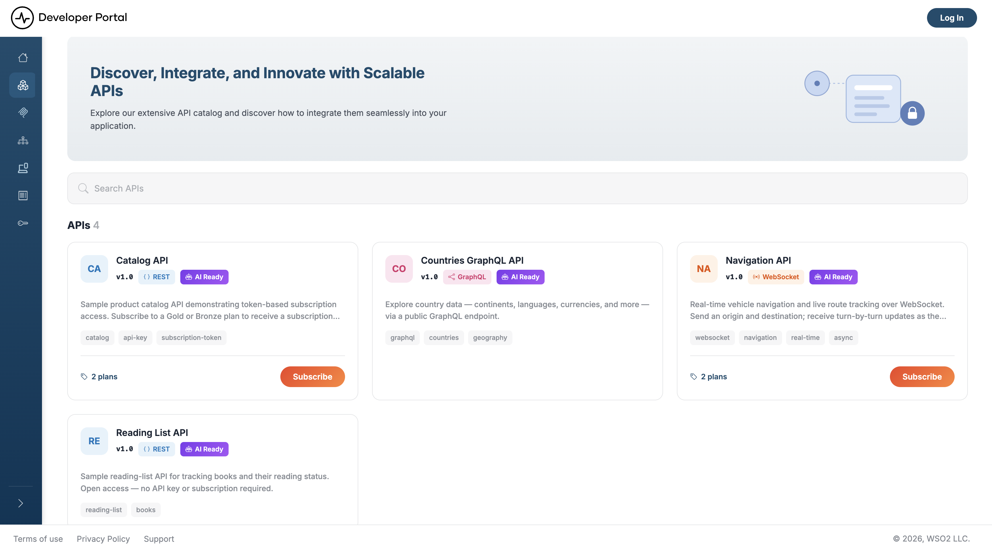API listing page showing the seeded sample APIs as a grid of cards