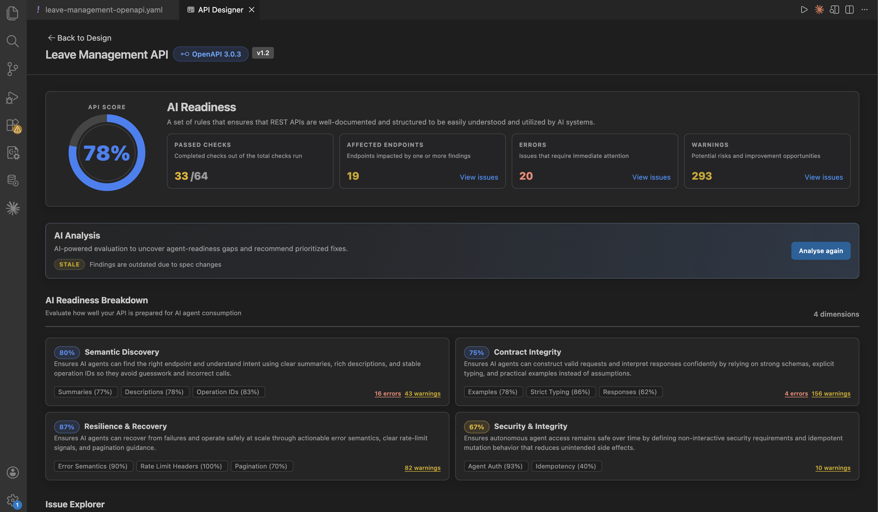 AI Readiness full report for Leave Management API showing 78% score, 33/64 passed checks, 19 affected endpoints, 20 errors, 293 warnings, and AI readiness breakdown by dimension
