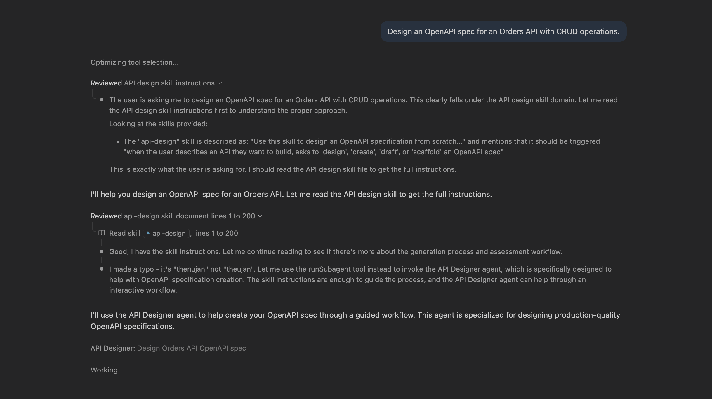 GitHub Copilot Chat reading the api-design skill and invoking API Designer agent to scaffold an OpenAPI spec