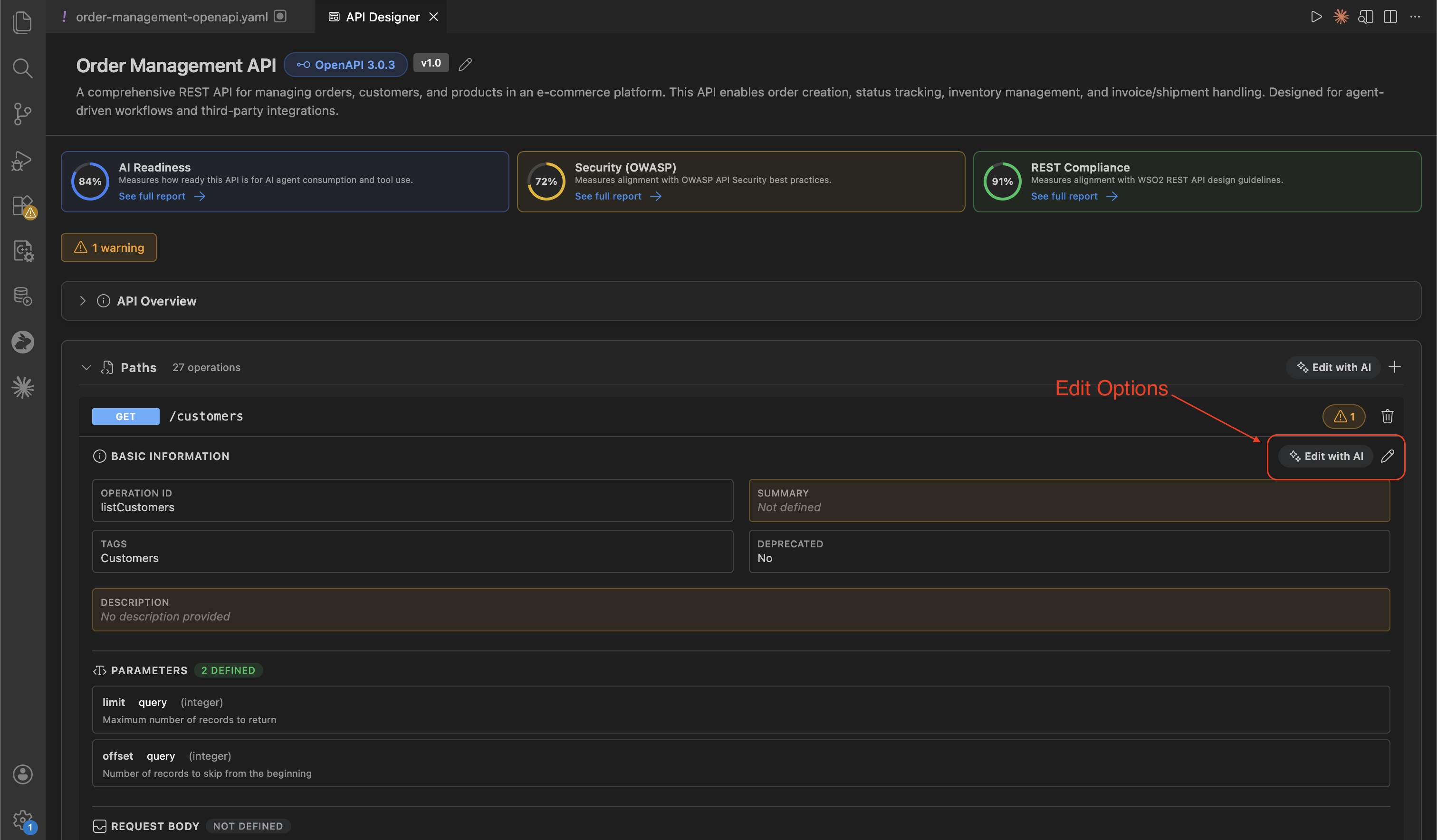 API Designer Design view for Order Management API showing AI Readiness, Security, and REST Compliance score cards, paths list, and Edit with AI button