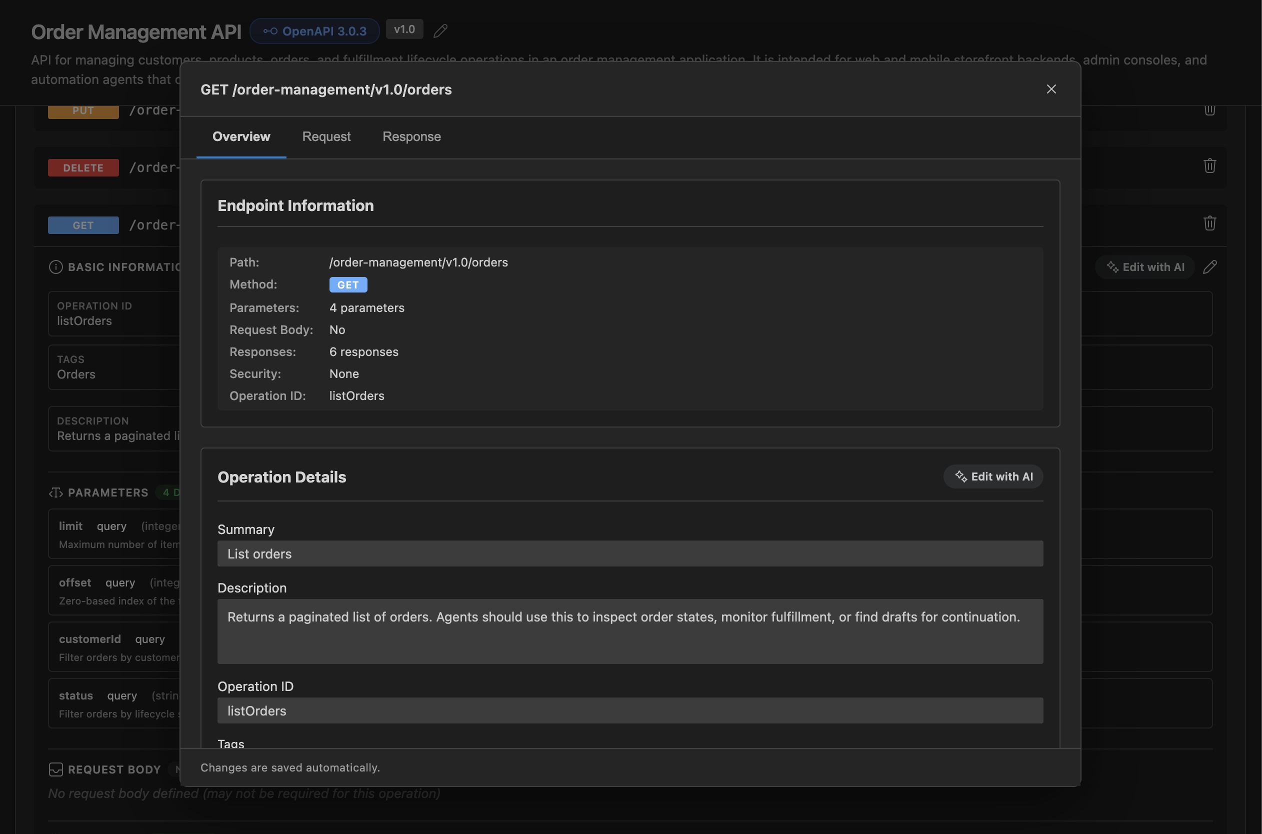 Form-based editor modal for GET /order-management/v1.0/orders showing endpoint info, operation details fields for summary, description, and operation ID