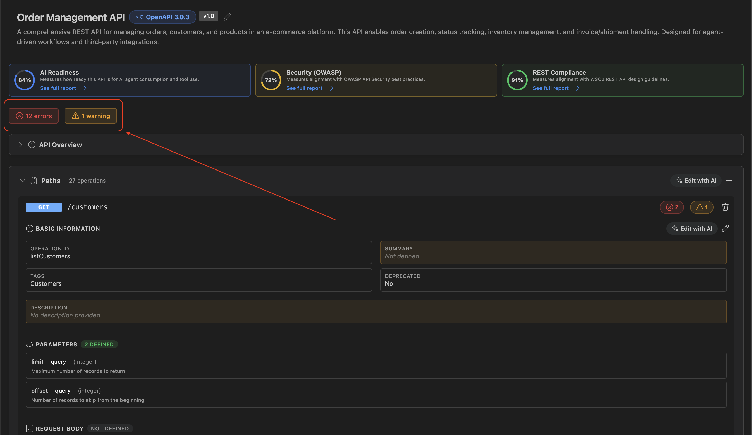 API Designer Design view with a red 12 errors and yellow 1 warning validation status bar above the paths list
