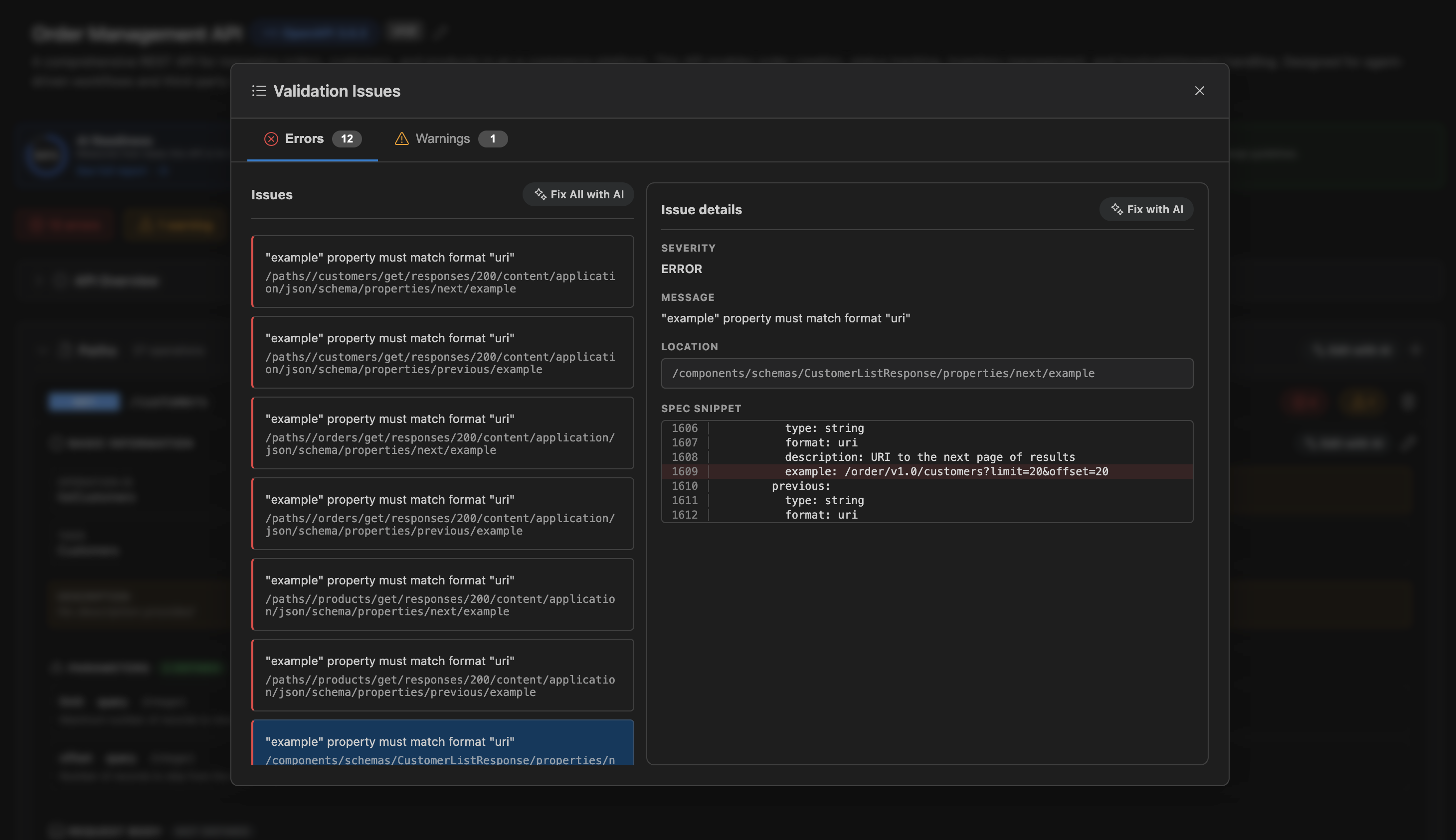 Validation Issues panel showing Errors and Warnings tabs, list of example property format issues with location paths, and issue details pane with spec snippet